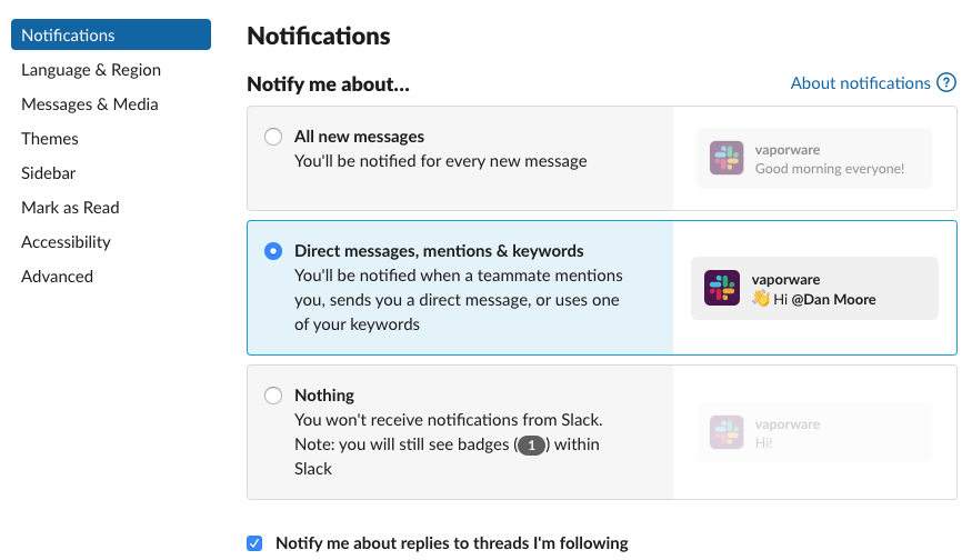 Slack Notification Settings