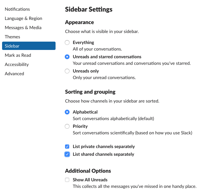 Slack Sidebar Settings