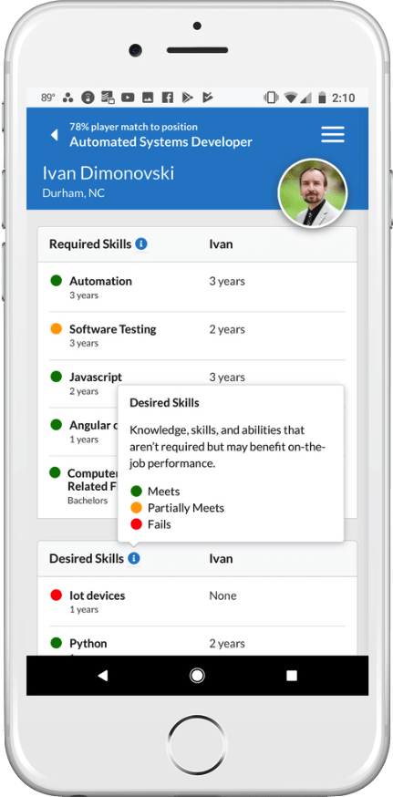 Applicant profile highlights match strength across skills.