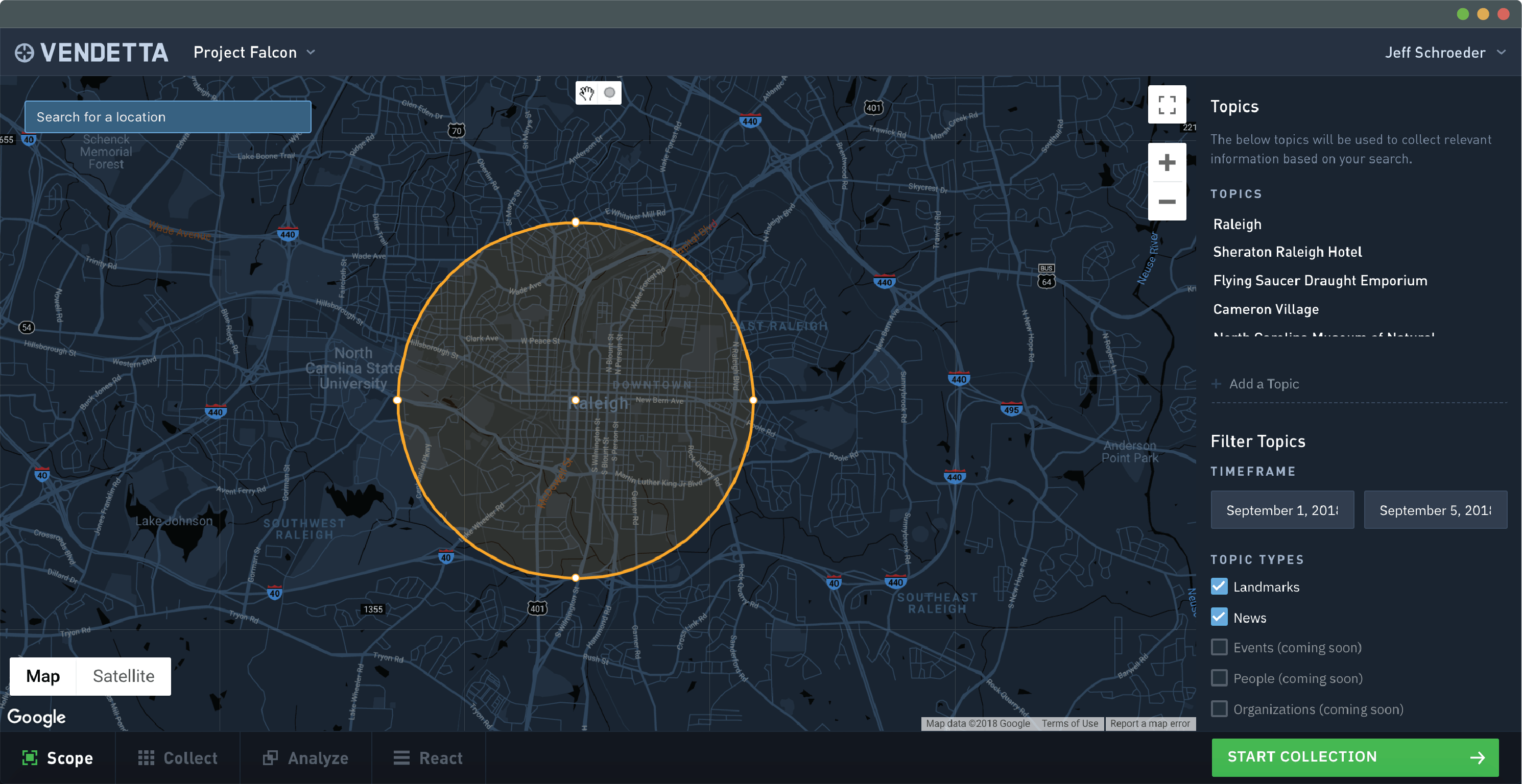 An operator defines the scope of the mission geographically, with a time frame, and by specifying relevant topics or keywords.