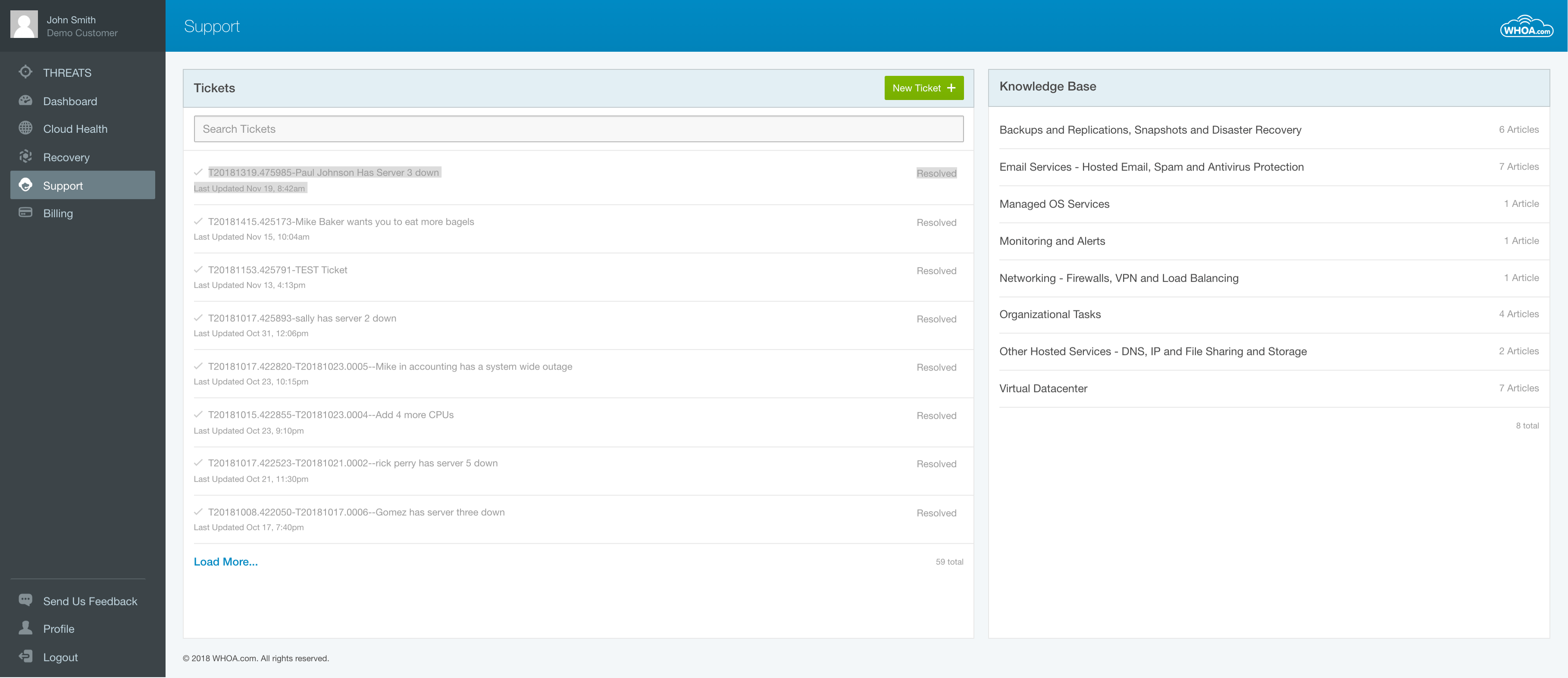 Support system and Knowledge Base built into the Whoa platform